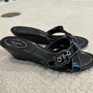 Prada Leather Buckle Wedge